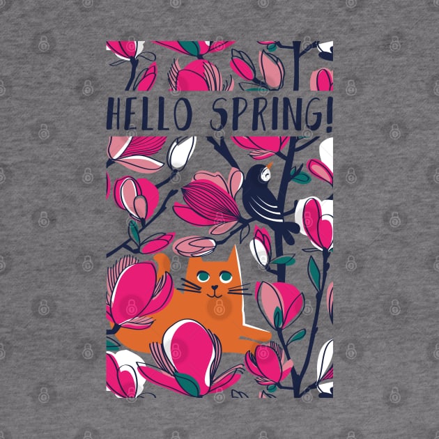 Hello Spring! // spot illustration with quote // orange tabby cat fuchsia pink Magnolia full bloom navy blue branches birds and lines by SelmaCardoso